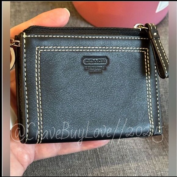 NWT COACH LEATHER CARD CASE BLACK w/CONTRAST STITCH MINI SKINNY KEY CHAIN 40065 - Picture 5 of 11
